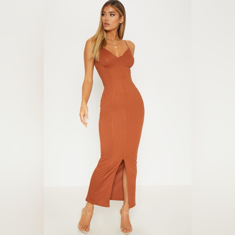 Rust Strappy Plunge Ribbed Midaxi Dress